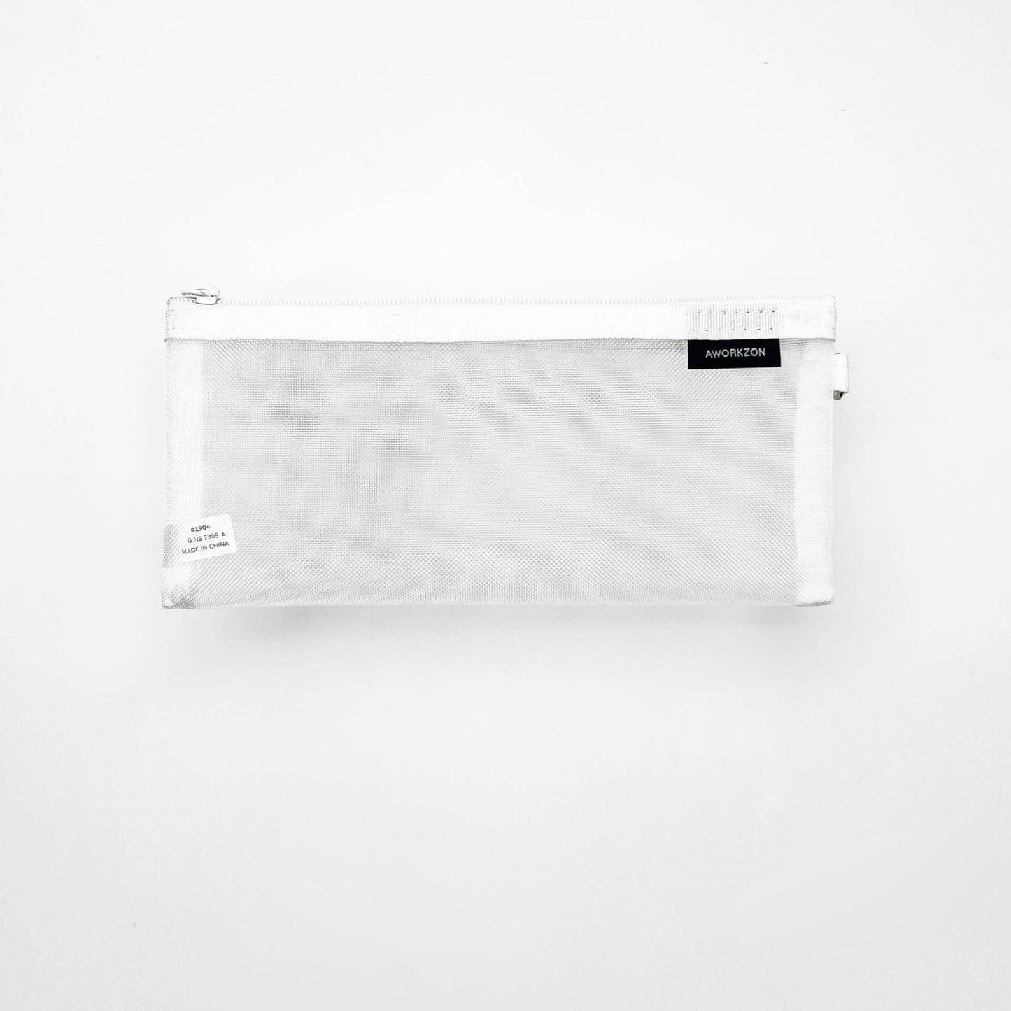A white mesh bag with a zipper and a loop for attaching to a carabiner
