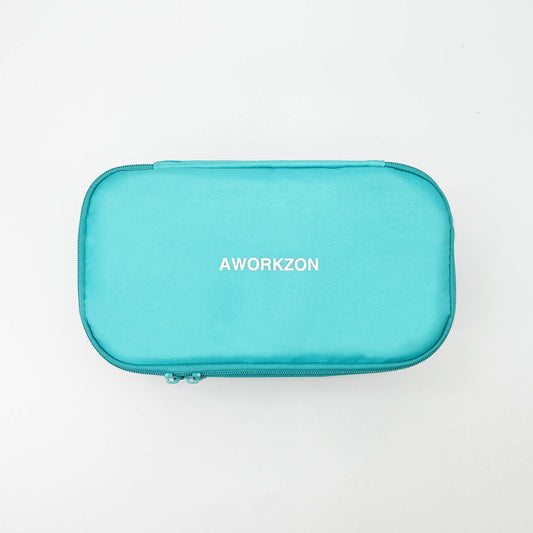 An aquamarine organizer pouch with the brand name 'AWORKZON' displayed on the front