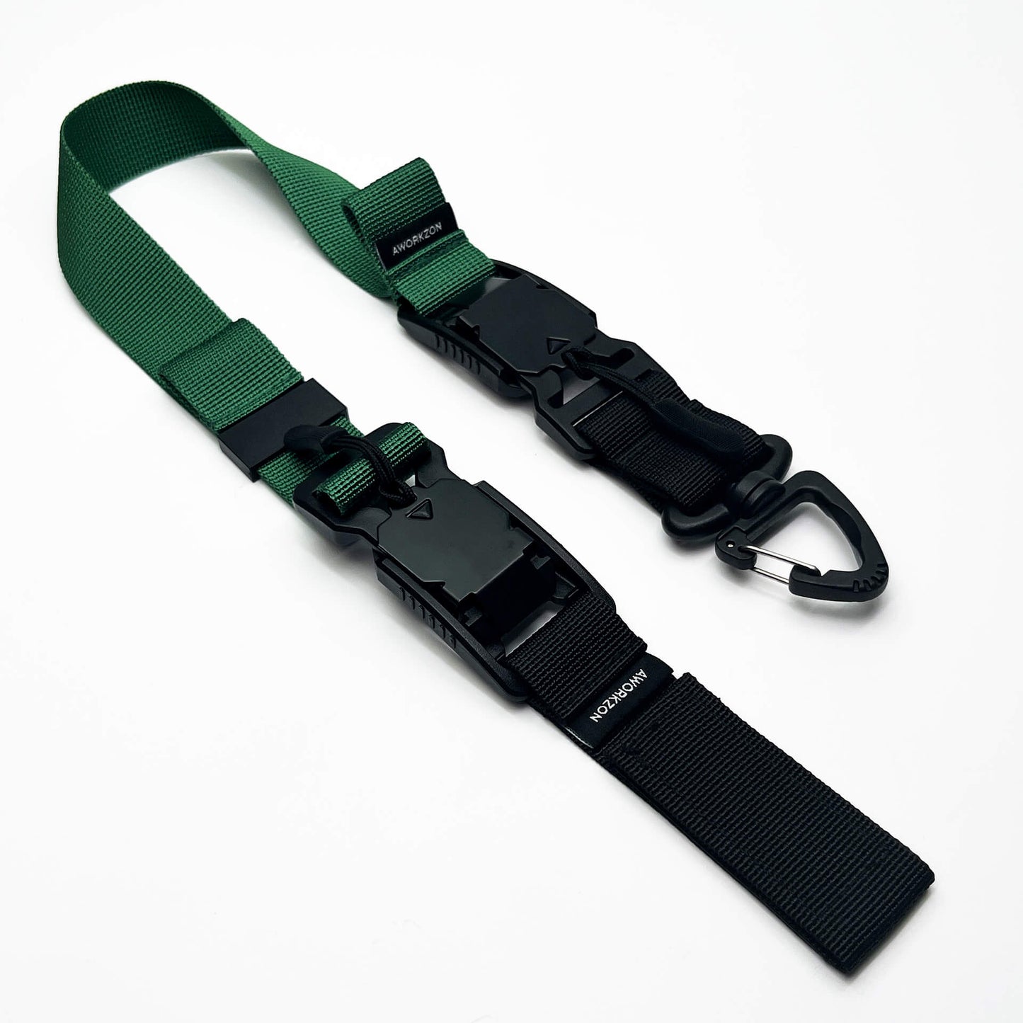 A green strap is connected to a black strap through a magnetic buckle, forming a single unified strap
