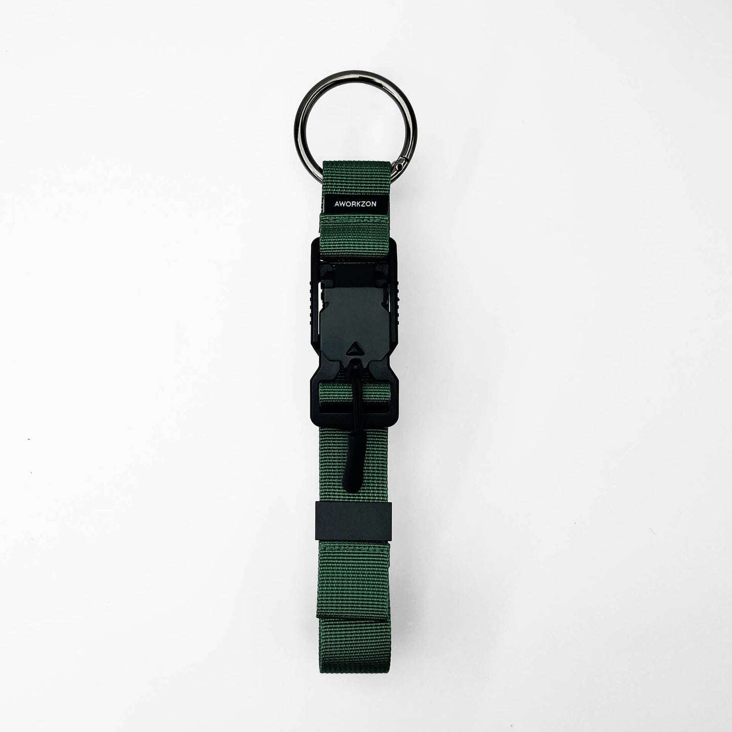 A green quick-release access strap with a black magnetic buckle and a metal ring.