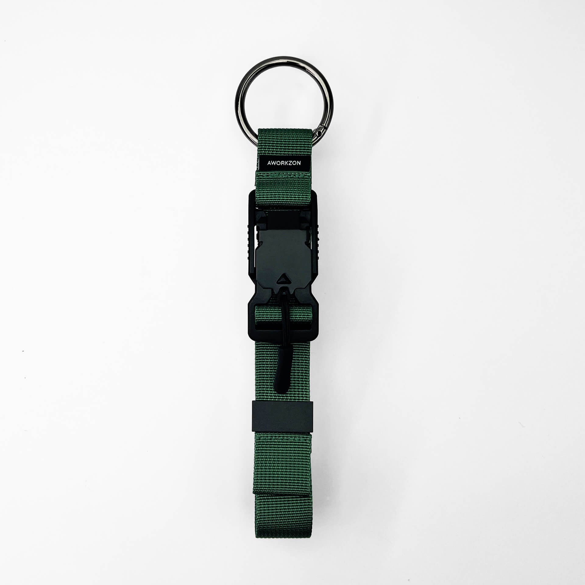 A green quick-release access strap with a black magnetic buckle and a metal ring.