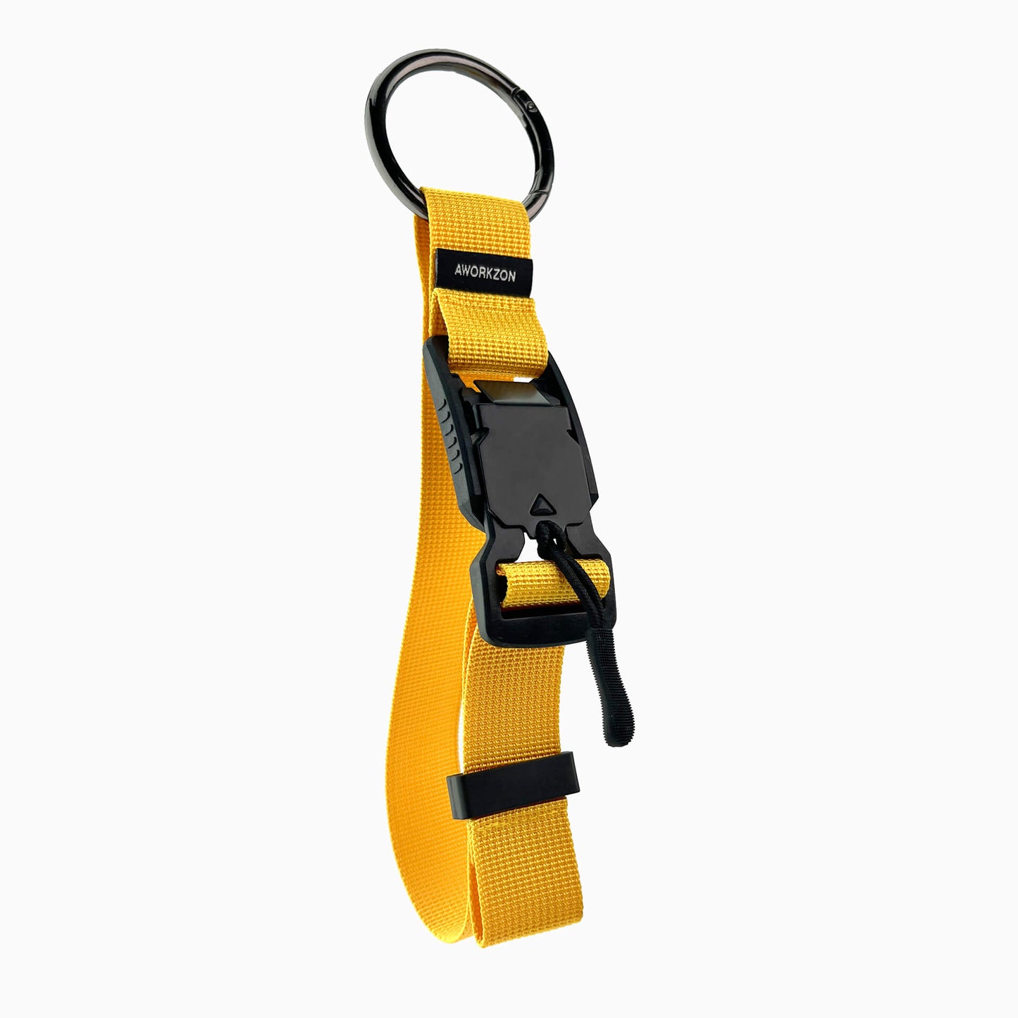 A yellow quick-release access strap with a black magnetic buckle and a metal ring.